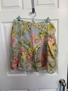 Express Floral Wrap Skirt 14 blue Gray Pink Rose Ruffle Cottagecore Romantic